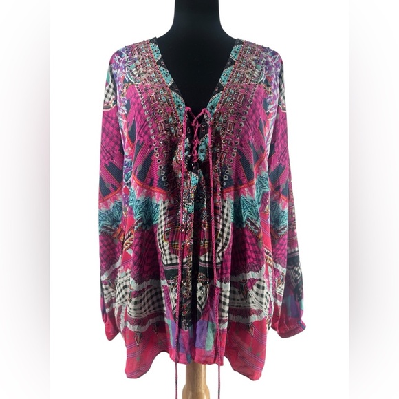 Camilla Desert Discotheque silk blouse lace-up heavily embellished boho sz 8 - Picture 2 of 13